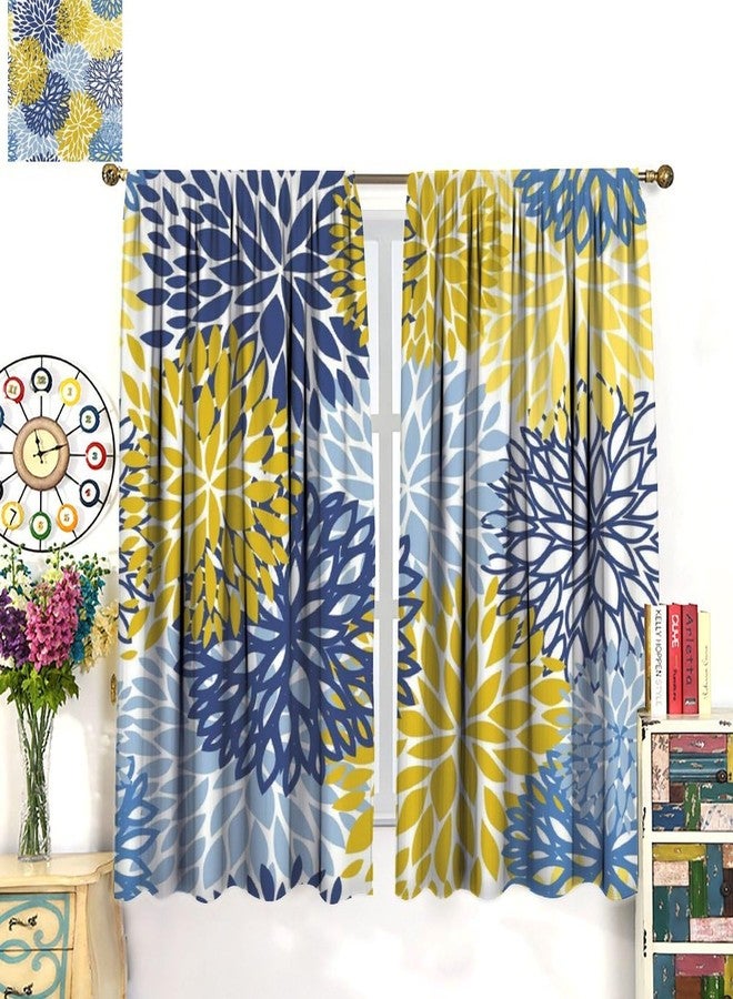 YSWOW Yellow Blue Floral Curtains, Boho Dahlia Chrisanthemum Flowers Art Printed Window Drapes for Bedroom Living Room Kitchen Decor Fabric Set 2 Panel 42x45 Inch 30% Shading Rate - Image 3